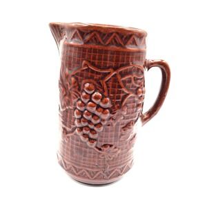 Vintage North Star Pottery Grape Cluster Pitcher Dark Brown Glaze 9"